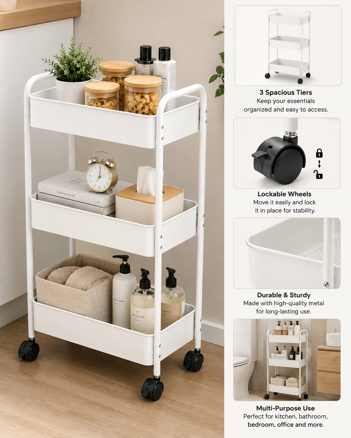 Three-Tier Rolling Storage Cart with Lockable Wheels